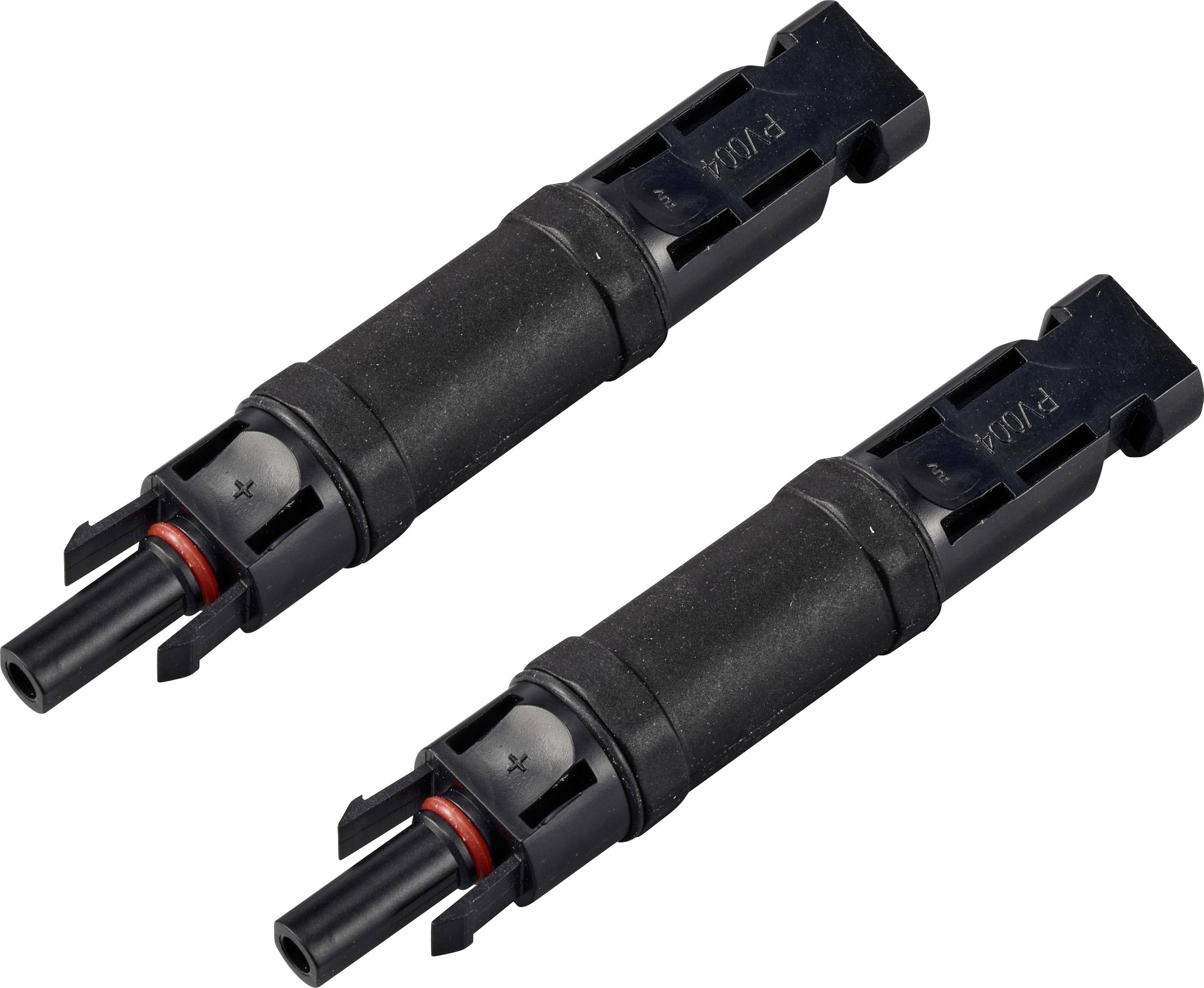 Zwei schwarze Inline-Sicherungen nebeneinander, zeigen "+" und "-" Symbole, zum Schutz von elektrischen Systemen vor Überlastung.