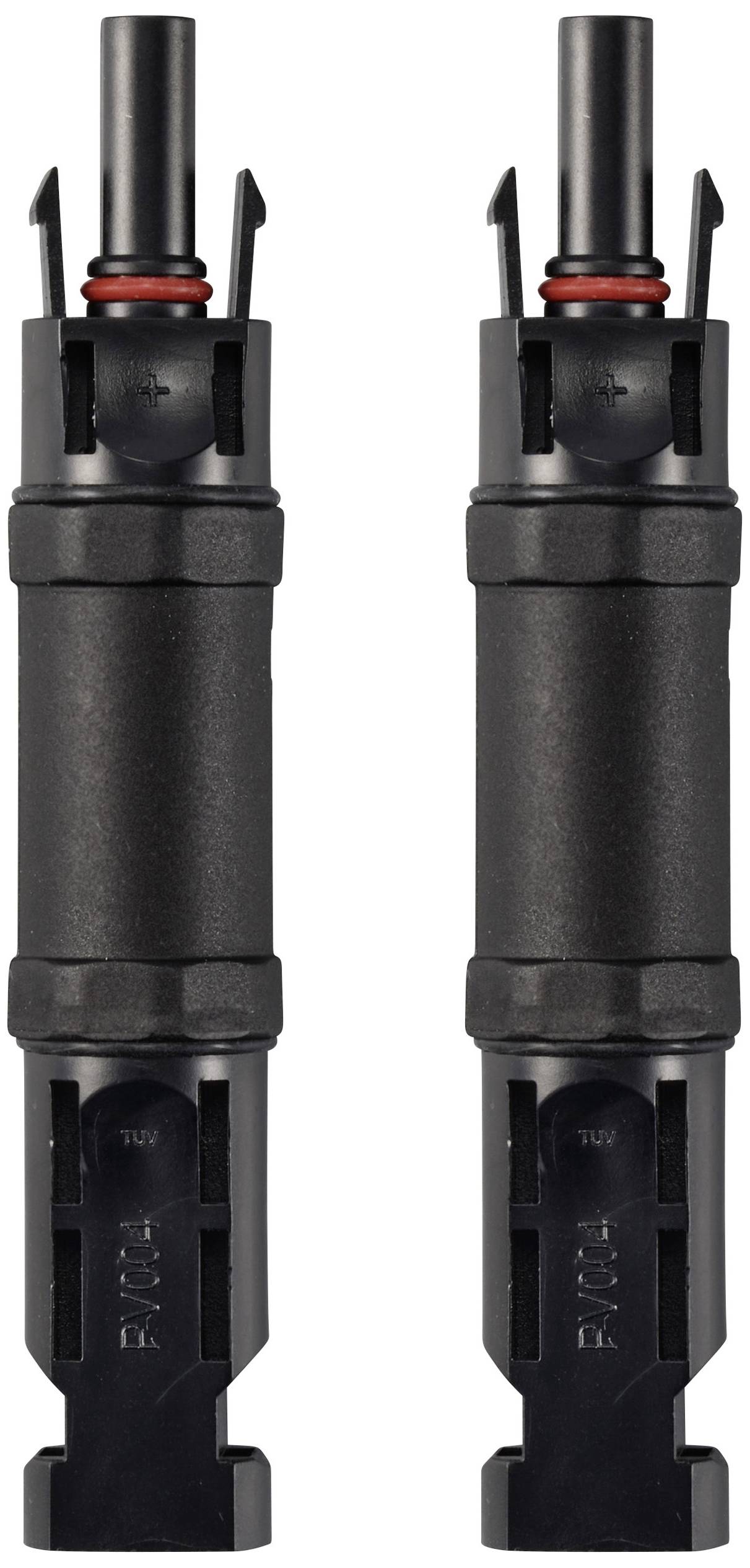 Zwei identische schwarze Steckverbinder mit rotem Dichtungsring und Plus- und Minus-Symbolen auf der Oberseite.