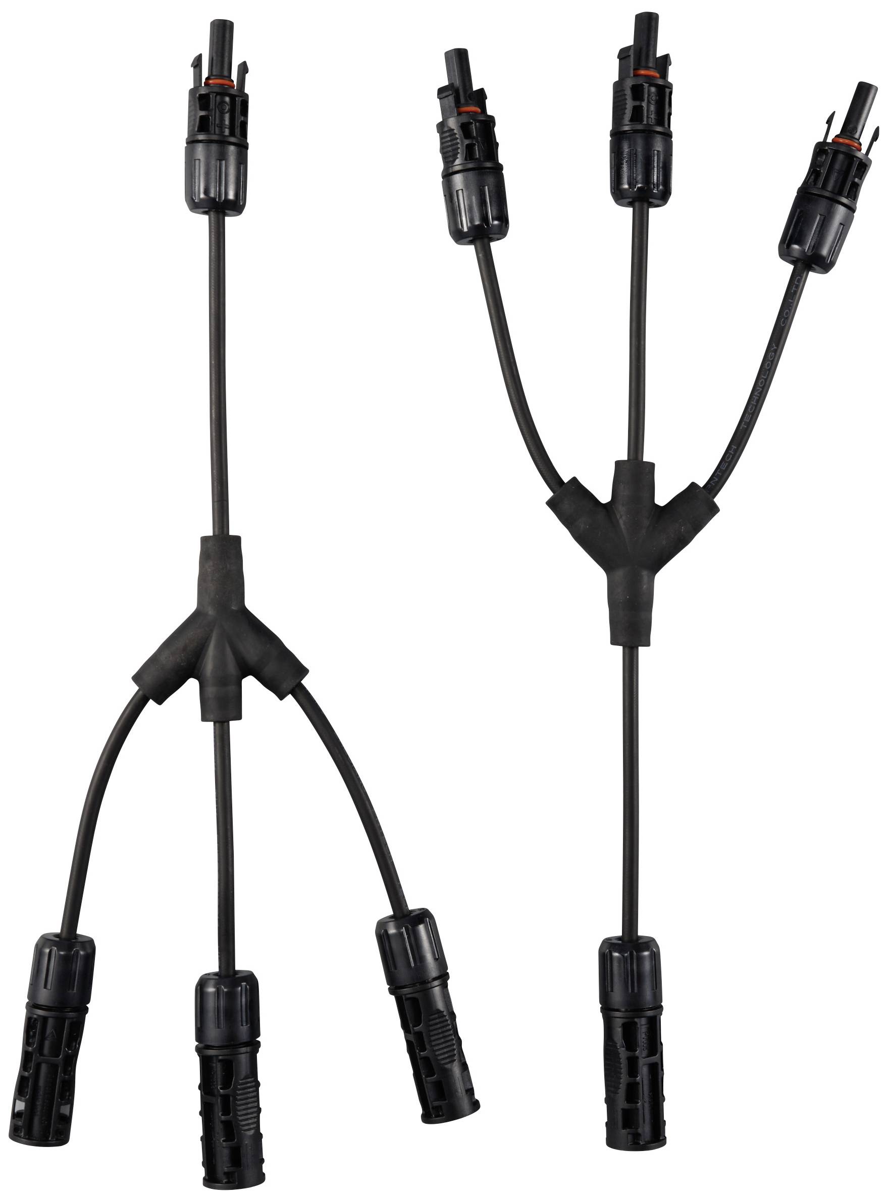 Zwei schwarze Kabel mit mehrfachen Steckverbindern, wahrscheinlich zur Verbindung von Solaranlagen genutzt. Links ein Y-Stecker, rechts zwei Y-Stecker an einem Hauptkabel.
