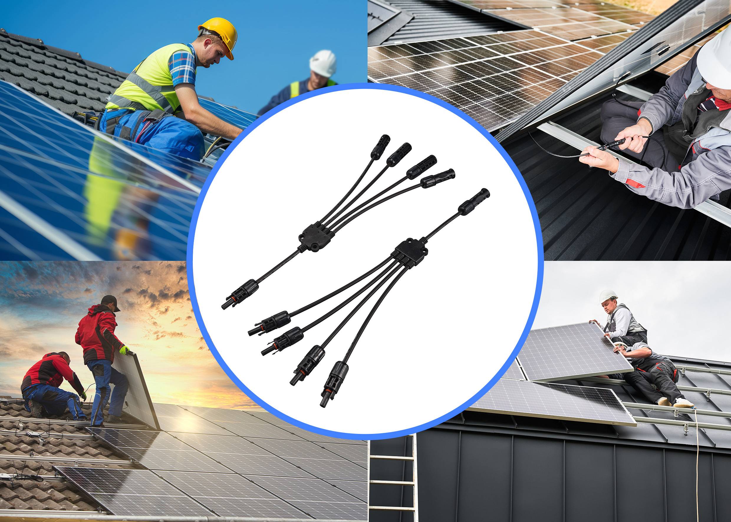 Arbeiter installieren Solarmodule auf Dächern. In der Mitte ein Solarkabelverteiler. Die Szene zeigt Photovoltaikmontage.