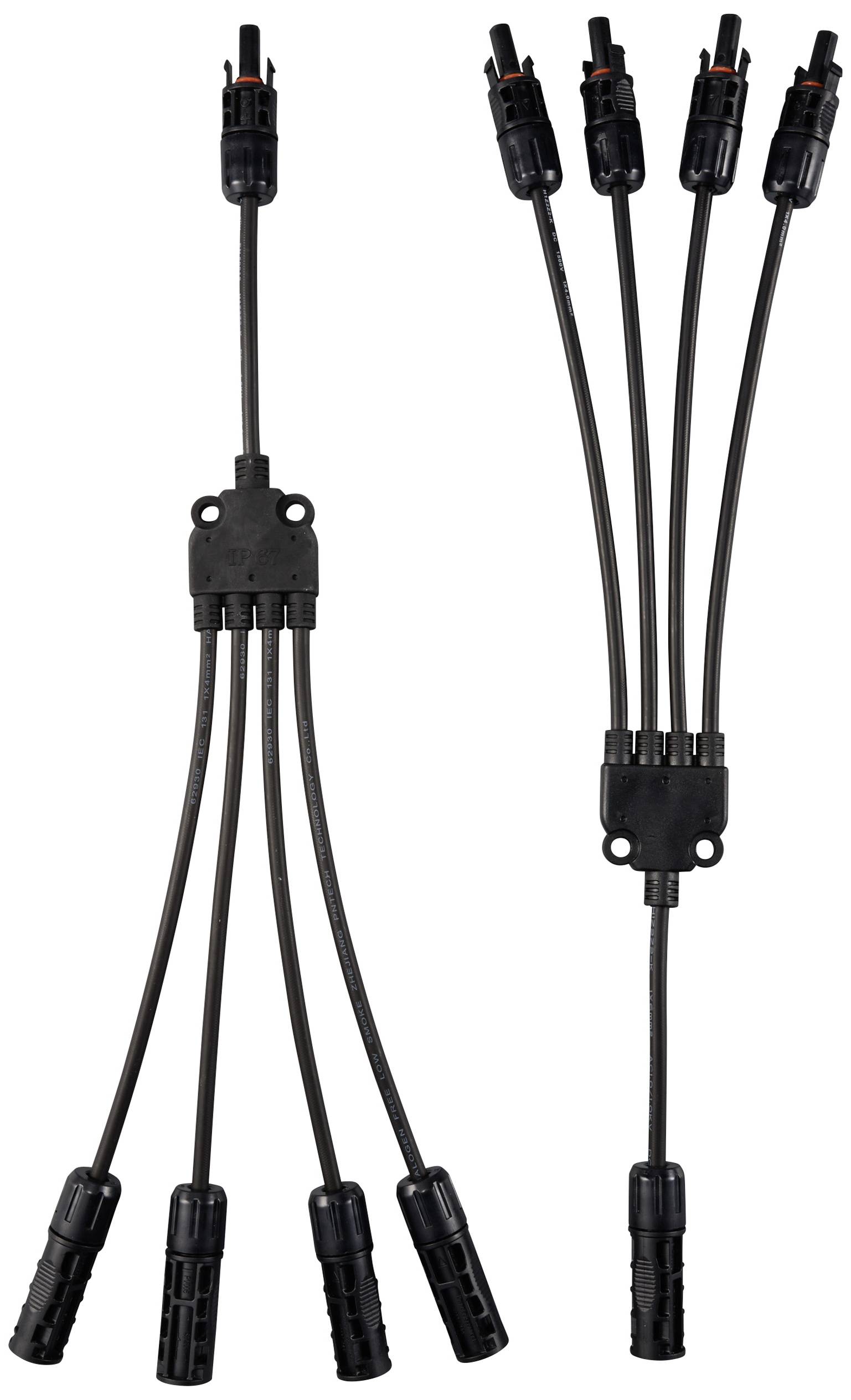 Zwei schwarze Solarkabelverteiler mit mehreren Anschlüssen zur Stromverteilung. Links ein Vierfachverteiler, rechts ein Dreifachverteiler.