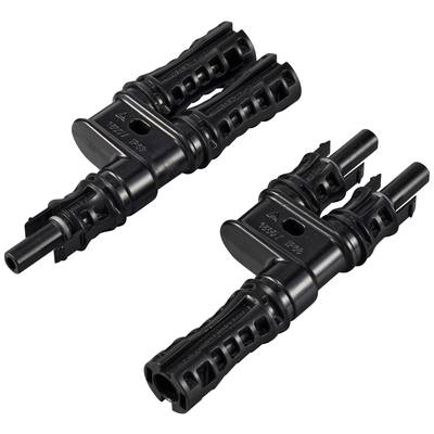Zwei schwarze Solarsteckverbinder, geeignet für Photovoltaikanlagen. Sie sind parallel zueinander ausgerichtet und zeigen technische Details.