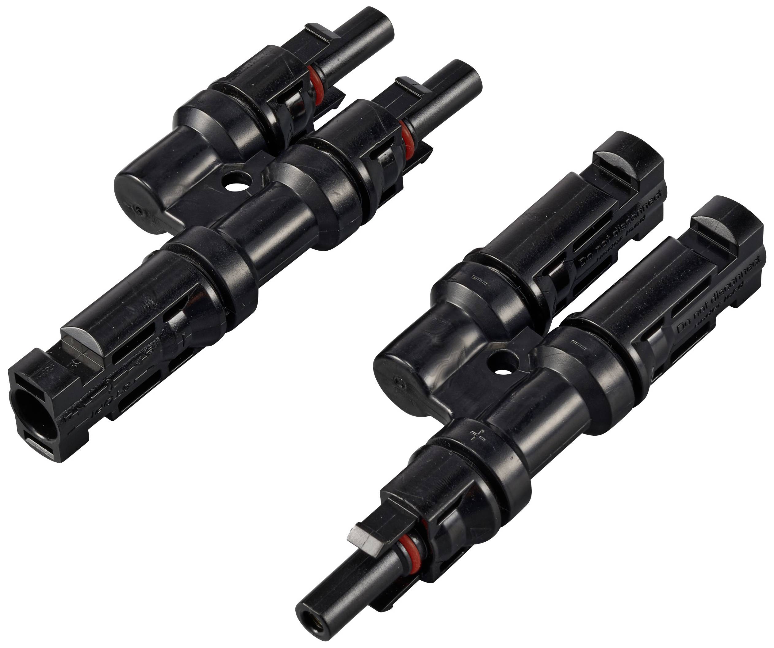 Drei schwarze Steckverbinder mit roten Dichtungen, die für elektrische Verbindungen eingesetzt werden, liegen auf einer weißen Fläche.