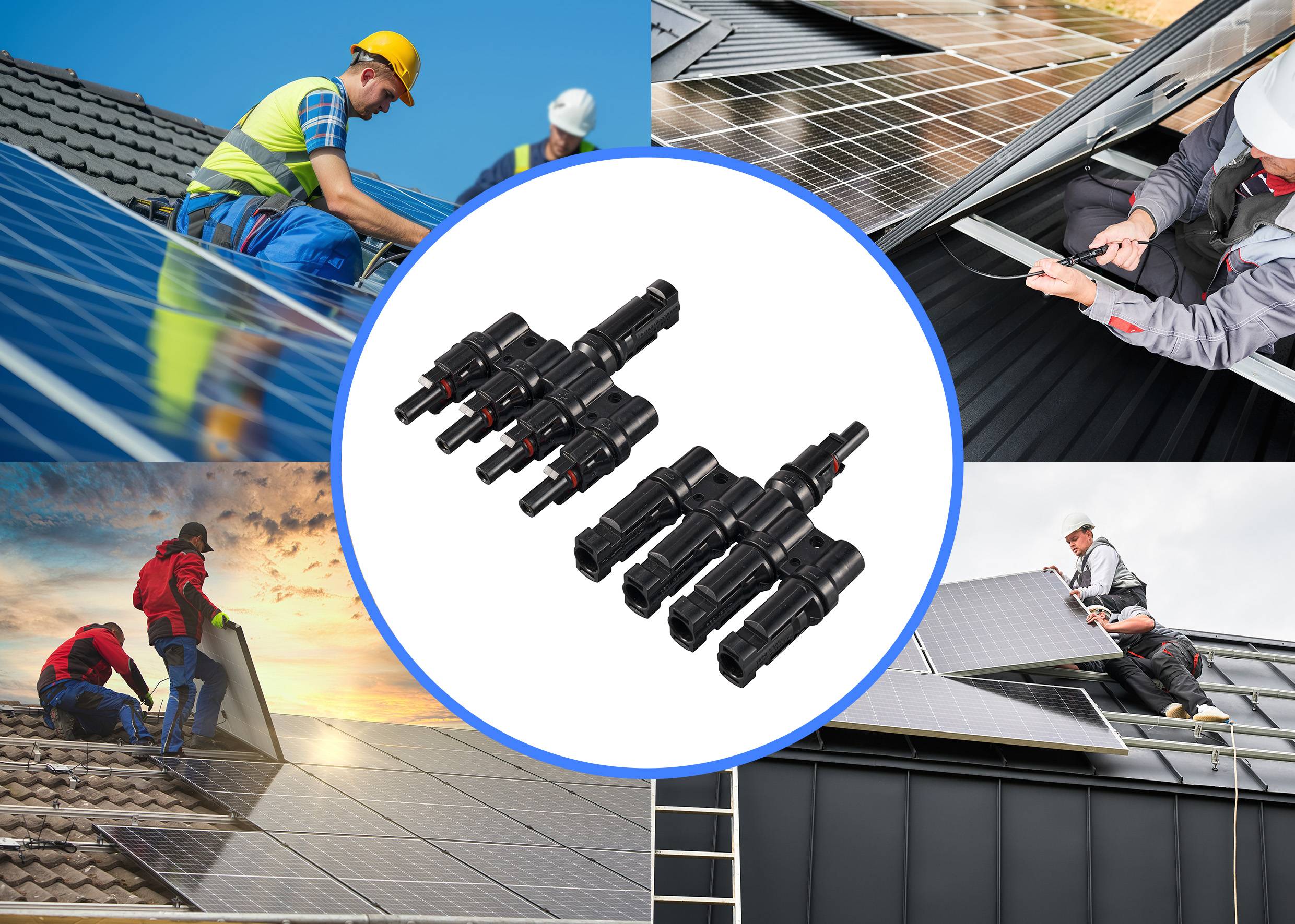 'Vier Bilder zeigen Menschen, die Solarmodule installieren, umkreist von einem Bild von Solarmodul-Anschlüssen in der Mitte.'
