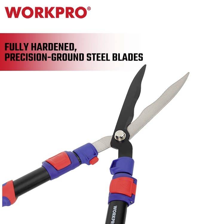 'WORKPRO' Heckenschere mit voll gehärteten, präzisionsgeschliffenen Stahlklingen. Geeignet für präzise Gartenarbeit.