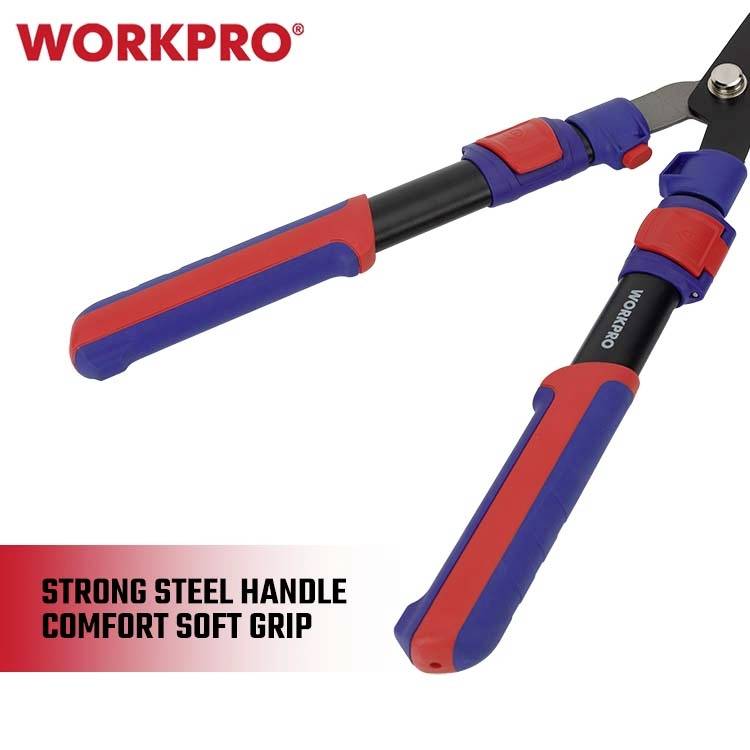 Langstielige Zange mit blau-rotem, weichem Griff. Markenname 'WORKPRO', mit Text 'Strong Steel Handle Comfort Soft Grip'.