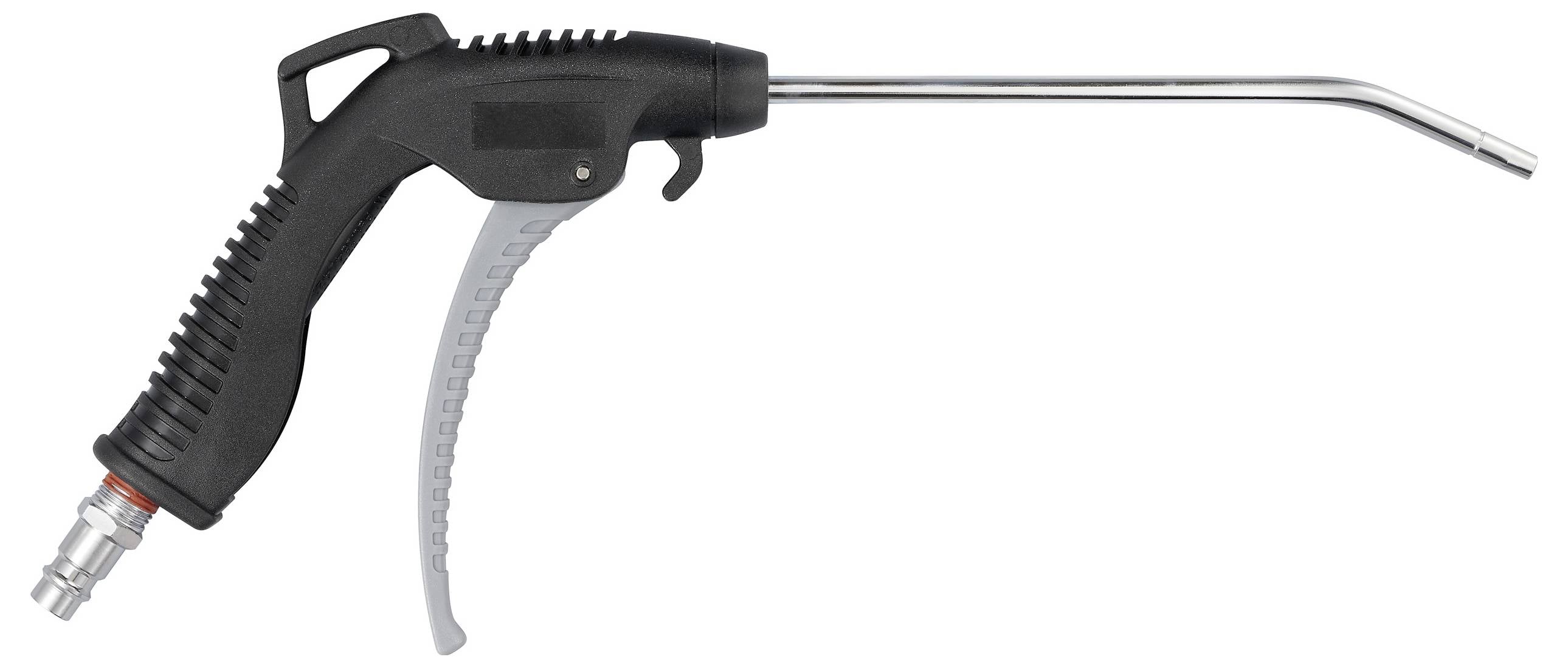 Eine schwarze Druckluftpistole mit langem Metallrohr und ergonomischem Griff, verwendet zum Reinigen schwer zugänglicher Bereiche.