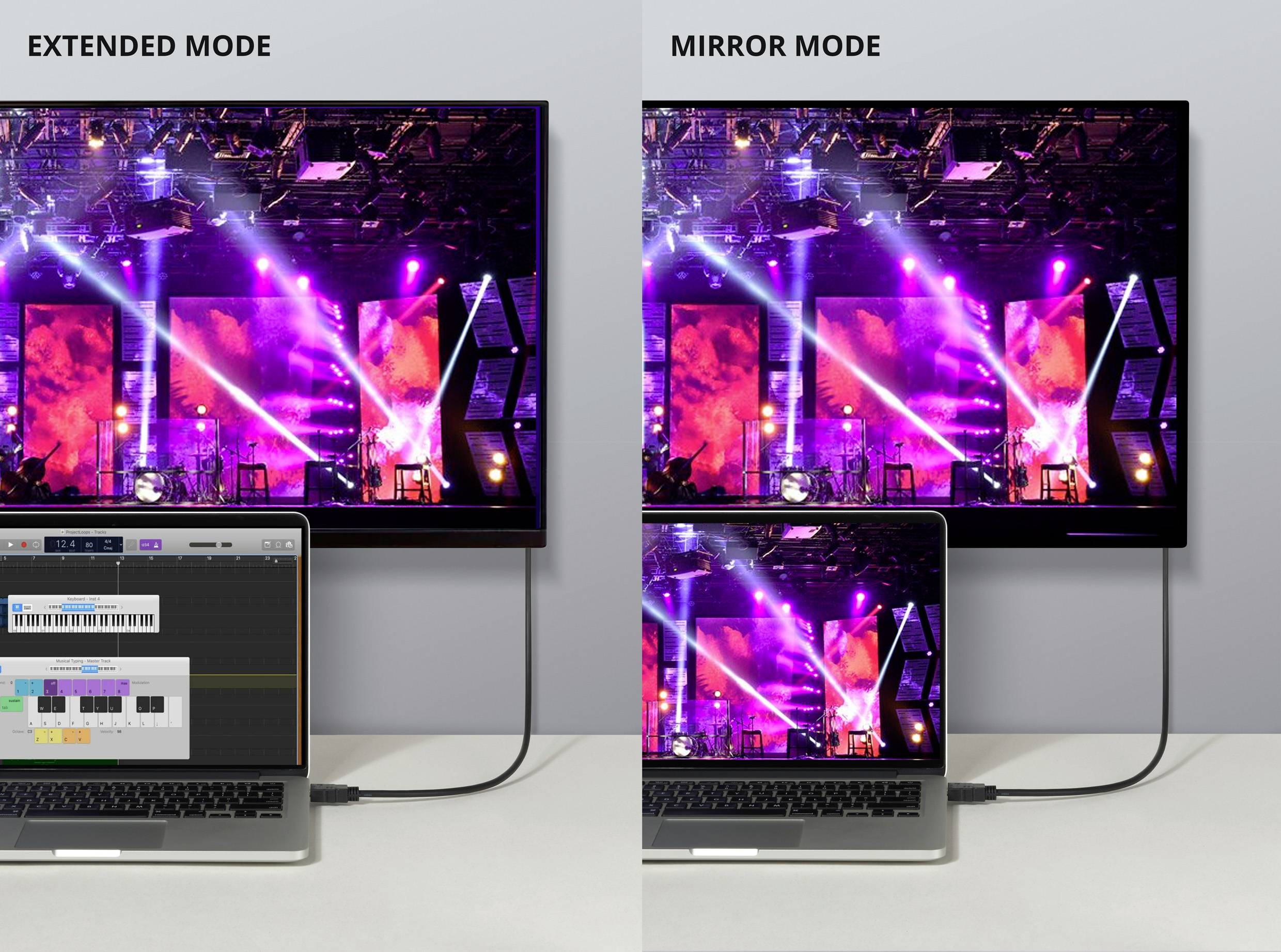 Ein Laptop ist per Kabel mit einem Monitor verbunden. Links im "Extended Mode" zeigt der Monitor eine Live-Veranstaltung, der Laptop eine Klavier-App. Rechts im "Mirror Mode" zeigen beide dasselbe Bild der Veranstaltung.