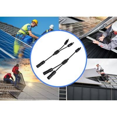 Arbeiter installieren Solarpanels auf Dächern. In der Mitte Verbindungskabel für Solarmodule. Symbolisiert Solarenergieinstallation.