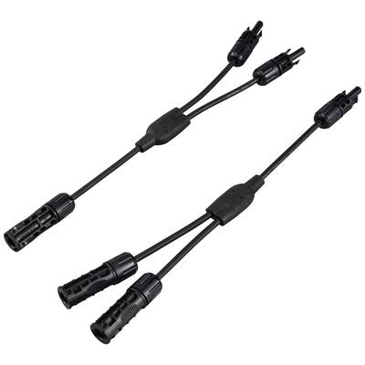 Zwei schwarze Y-Adapterkabel mit MC4-Steckverbindern zur Verbindung von Solarmodulen gezeigt auf weißem Hintergrund.
