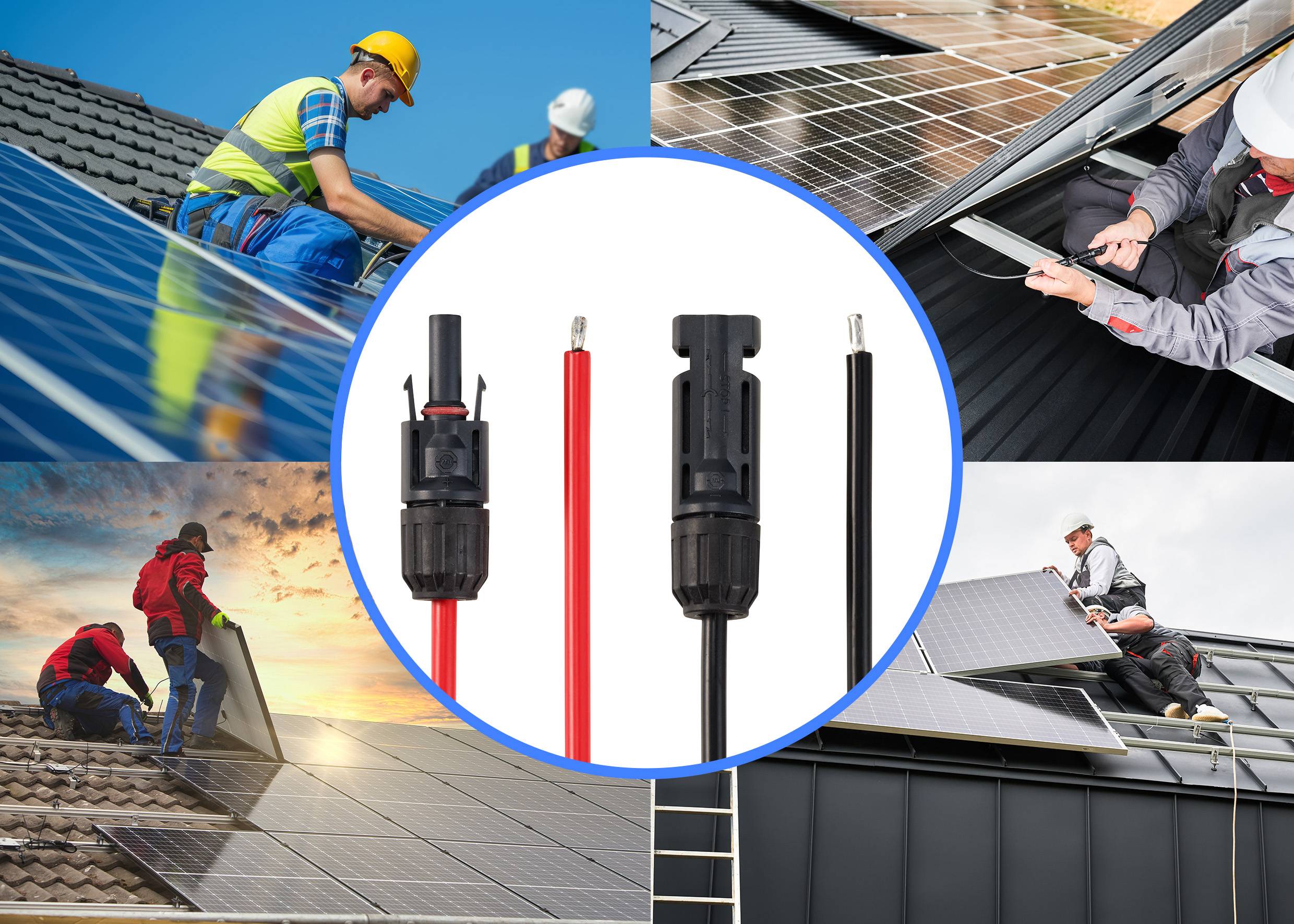 'Fotocollage: Arbeiter installieren Solarmodule auf Dächern, Verbindungskabel im Zentrum, symbolisiert erneuerbare Energiequellen.'