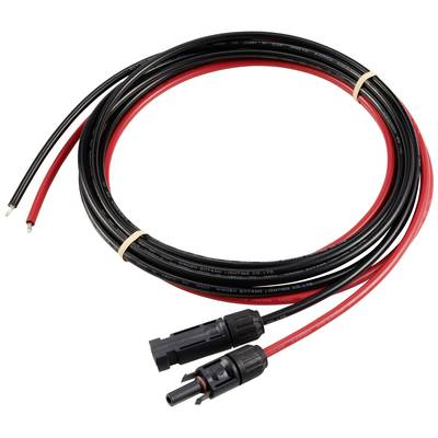 Schwarzes und rotes Solarkabel mit Steckverbindern an einem Ende, geeignet für die Verbindung von Solarmodulen zur Stromerzeugung.