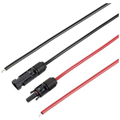 Zwei Kabel, eines schwarz und eines rot, mit MC4-Steckverbindern. Verwendet zur Verbindung von Solarmodulen, um Strom zu leiten.