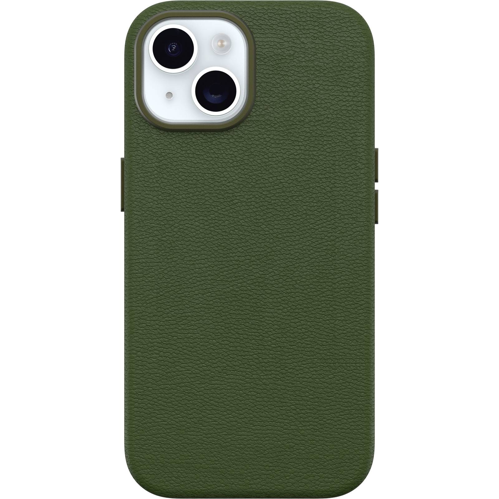 Ein Smartphone mit einer dunkelgrünen Schutzhülle und zwei Kameralinsen auf der Rückseite. Die Hülle hat eine strukturierte Oberfläche.