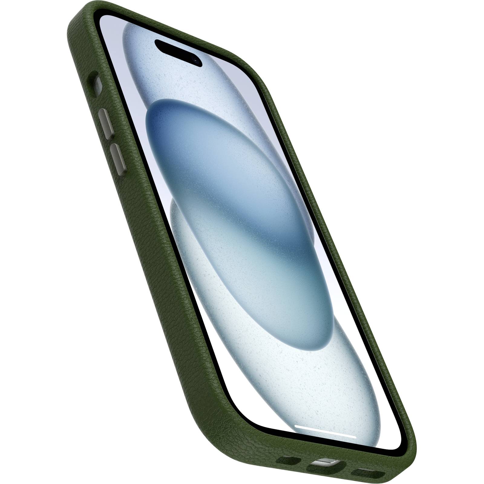 Ein Smartphone in einer grünen Hülle zeigt ein blaues, abstraktes Hintergrundbild auf seinem Bildschirm.