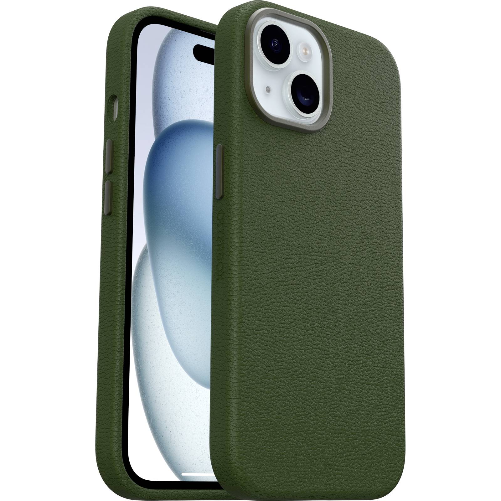 Ein Smartphone in einer grün strukturierten Hülle, Vorderansicht zeigt ein abstraktes blau-weißes Hintergrundbild auf dem Display.