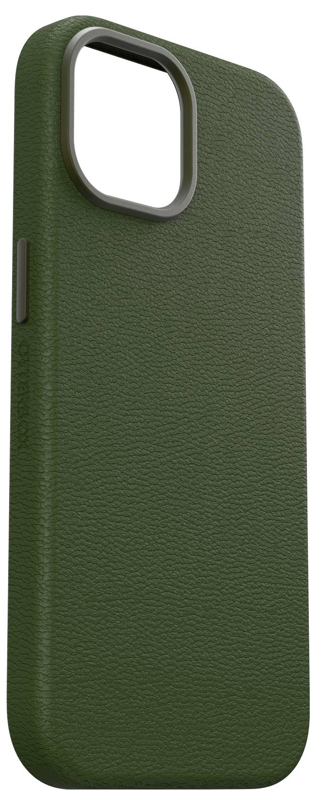 Grüne Smartphone-Hülle mit strukturiertem Design. Seitenknopf-Aussparung sichtbar, Kameraöffnung oben.