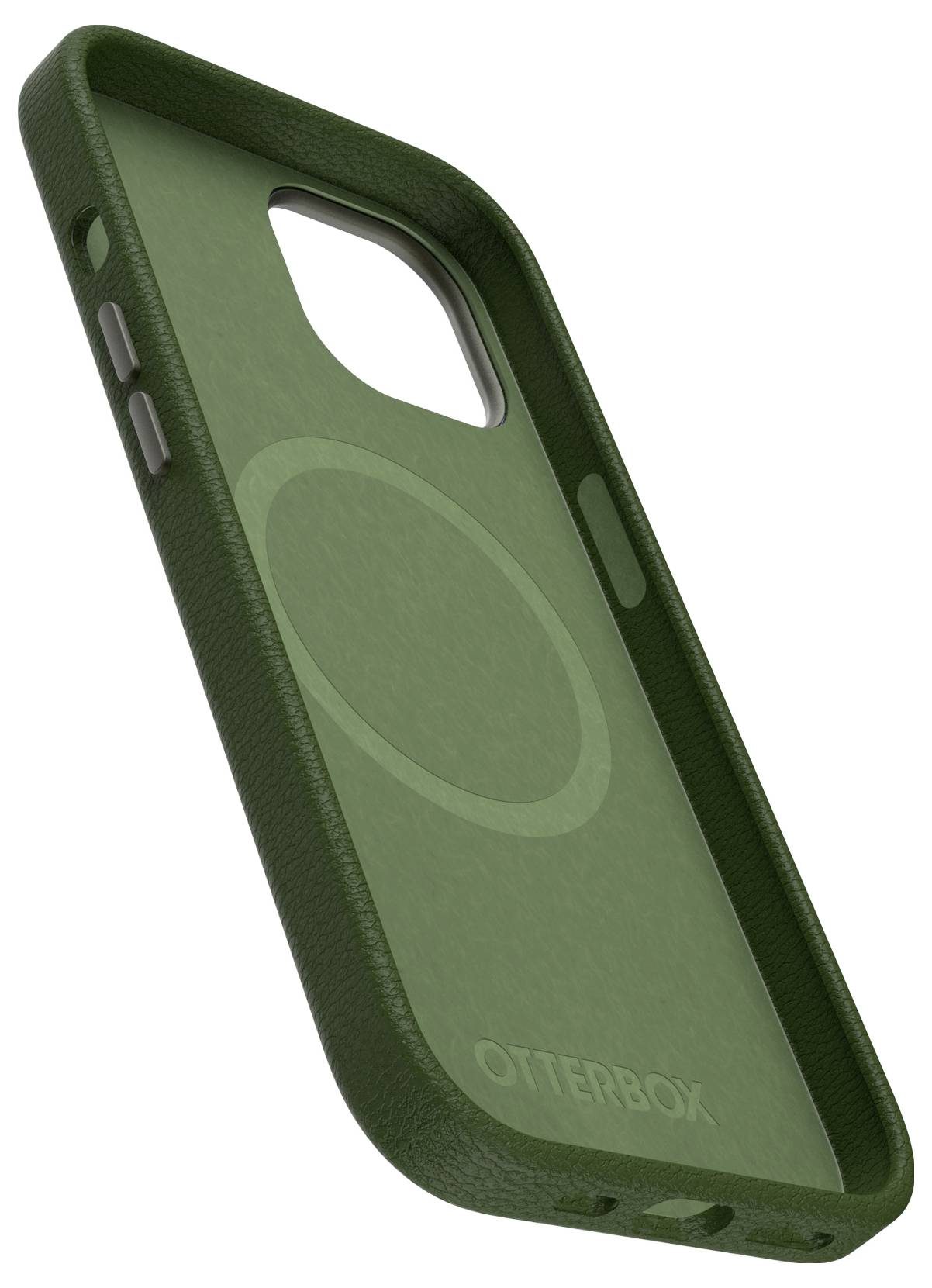 Grüne OtterBox-Handyhülle, robust und schützend, mit Aussparungen für Tasten und Kamera. Geeignet für MagSafe-Aufladung.