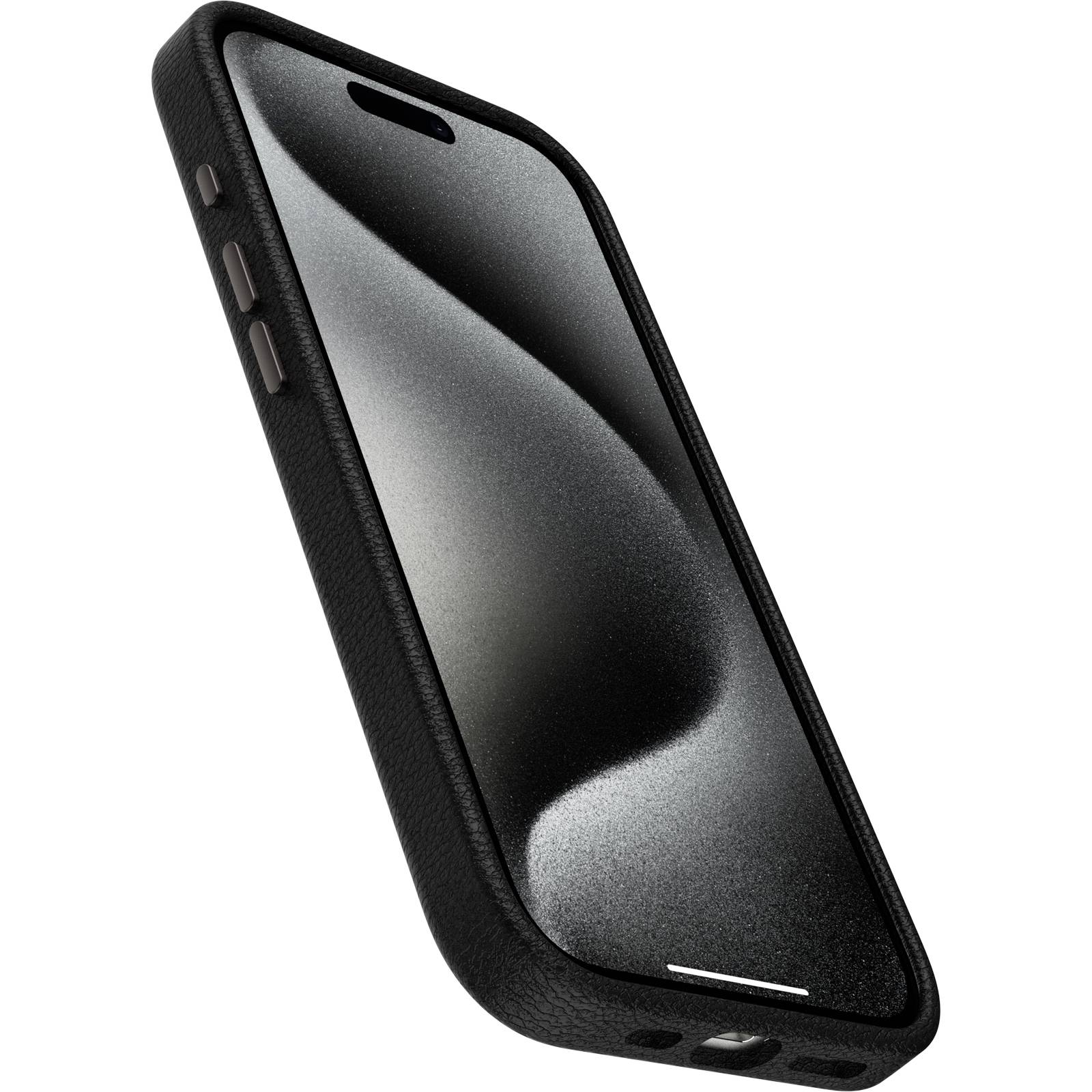 Ein modernes Smartphone in einer schwarzen Hülle, das schräg nach oben links geneigt ist. Der Bildschirm zeigt ein abstraktes, wellenförmiges Design.