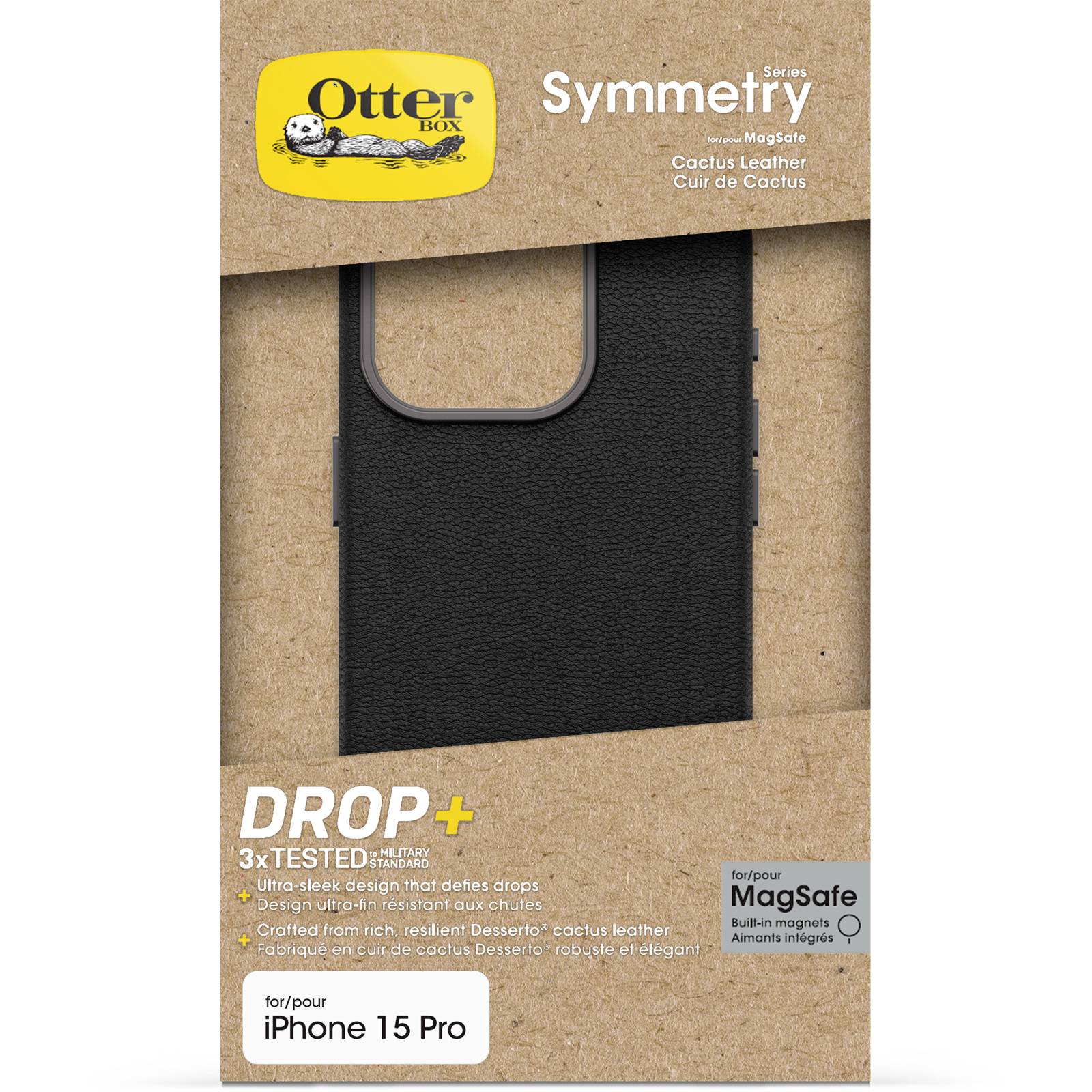 'Schwarze OtterBox Symmetry Series Schutzhülle für iPhone 15 Pro, hergestellt aus Kaktusleder, MagSafe-kompatibel.'