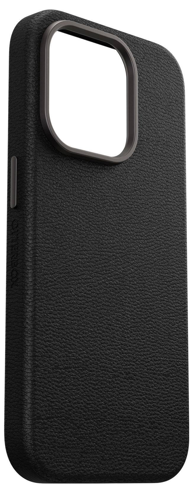 Schwarze Handyhülle mit strukturiertem Design, für ein Smartphone. Rechteckige Kameraöffnung, robust und elegant.