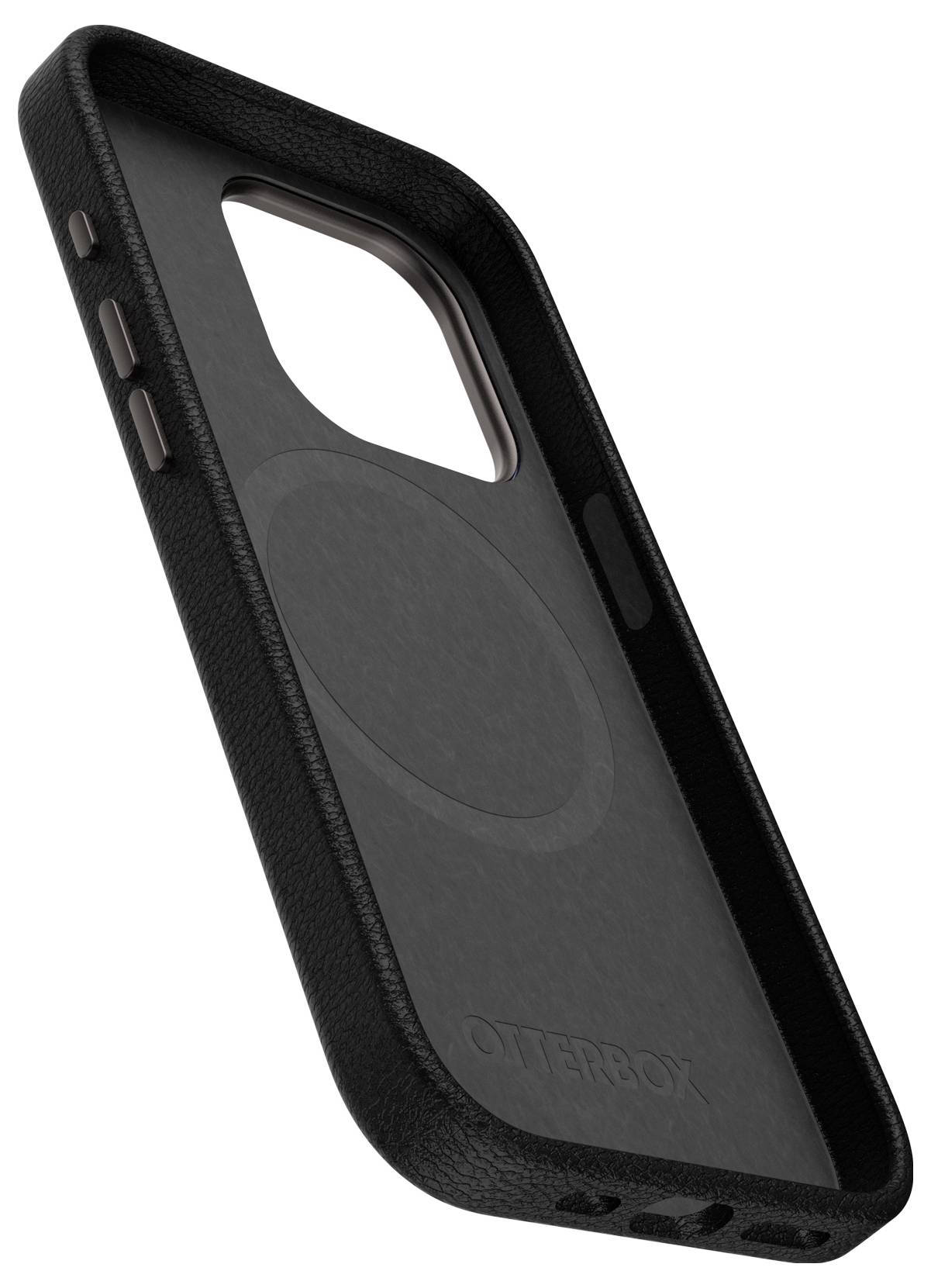 Schwarze Handyhülle von OtterBox mit mattem Innenkreis und Tastenplätzen, passend für ein Smartphone.