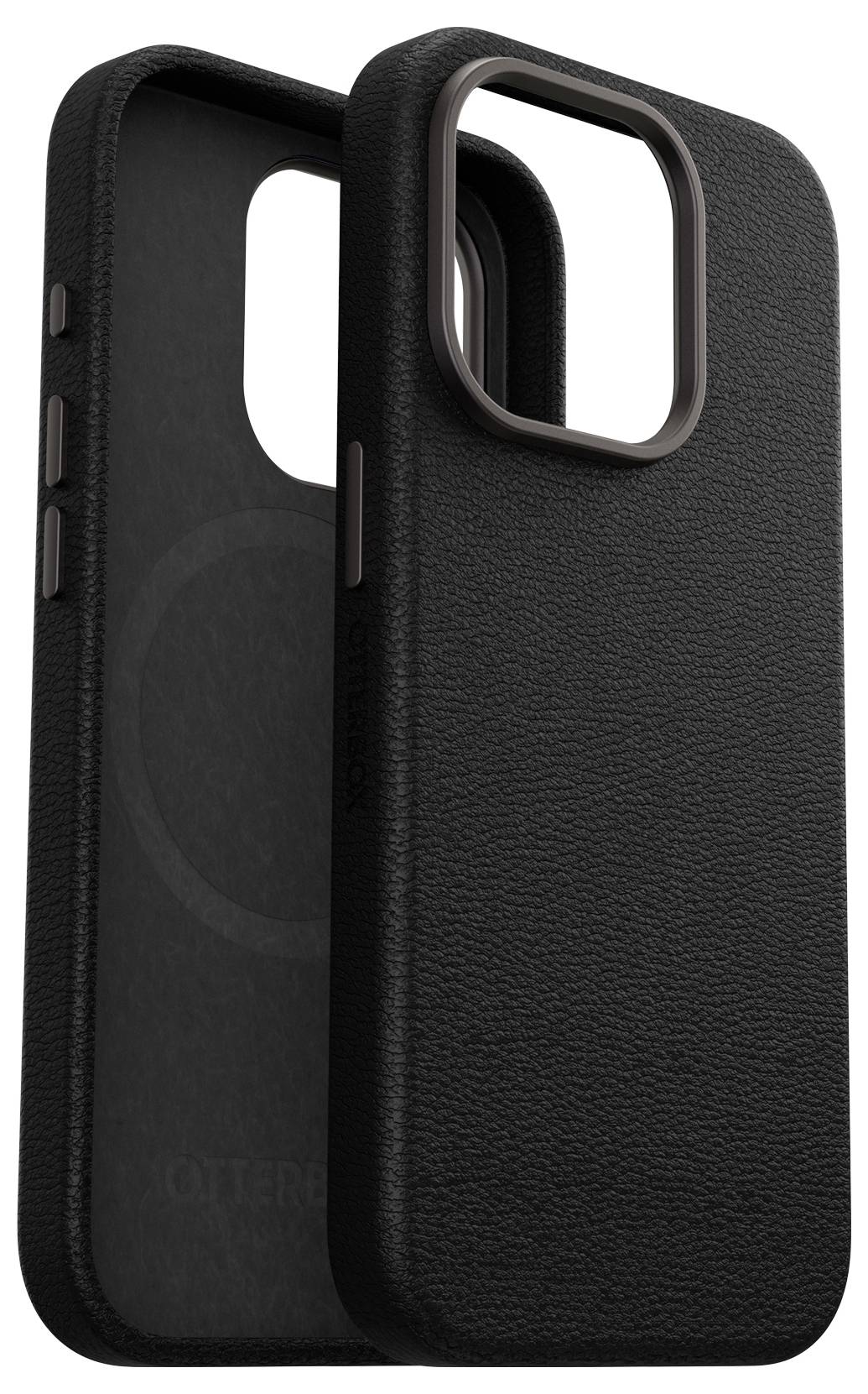 Schwarze Smartphone-Schutzhülle mit strukturierter Oberfläche und präzisen Aussparungen für Tasten und Kamera.