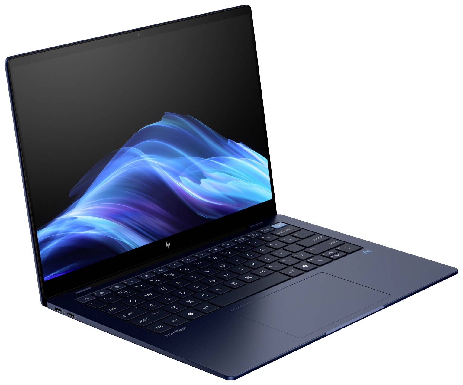 Ein schlanker, dunkelblauer Laptop mit beleuchteter Tastatur, geöffnet auf einem Tisch. Der Bildschirm zeigt blaue Lichtwellen.