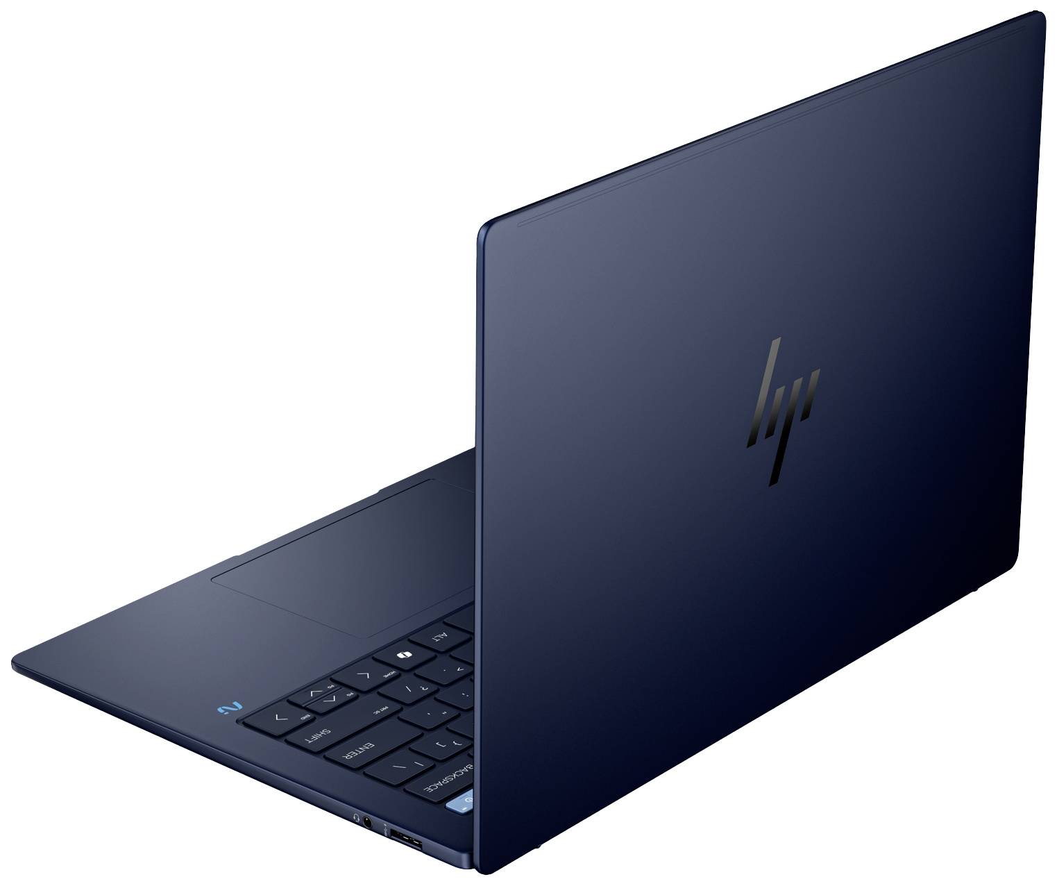 Ein schlanker, dunkelblauer Laptop mit leicht geöffnetem Display, das Logo auf der Rückseite ist sichtbar. Ideal für mobiles Arbeiten.