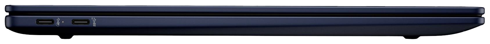 Ein geschlossener Laptop in Seitenansicht, dunkelblau, mit zwei USB-Anschlüssen.
