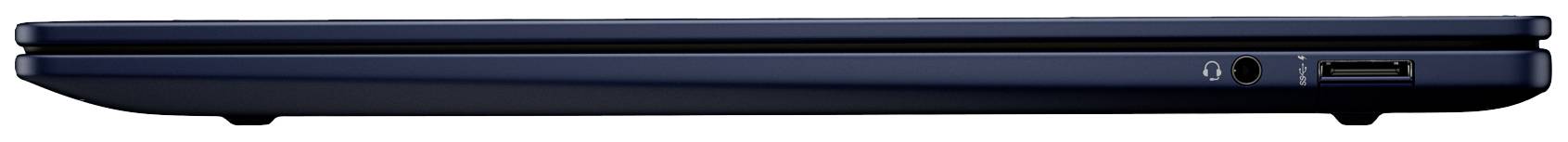 Ein geschlossenes, blaues Laptop an der Seite, zeigt einen USB-Anschluss und einen Kopfhöreranschluss.