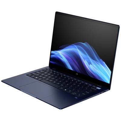 Ein schwarzer Laptop mit geöffneter Bildschirmanzeige, die ein blaues, wellenartiges Muster darstellt.