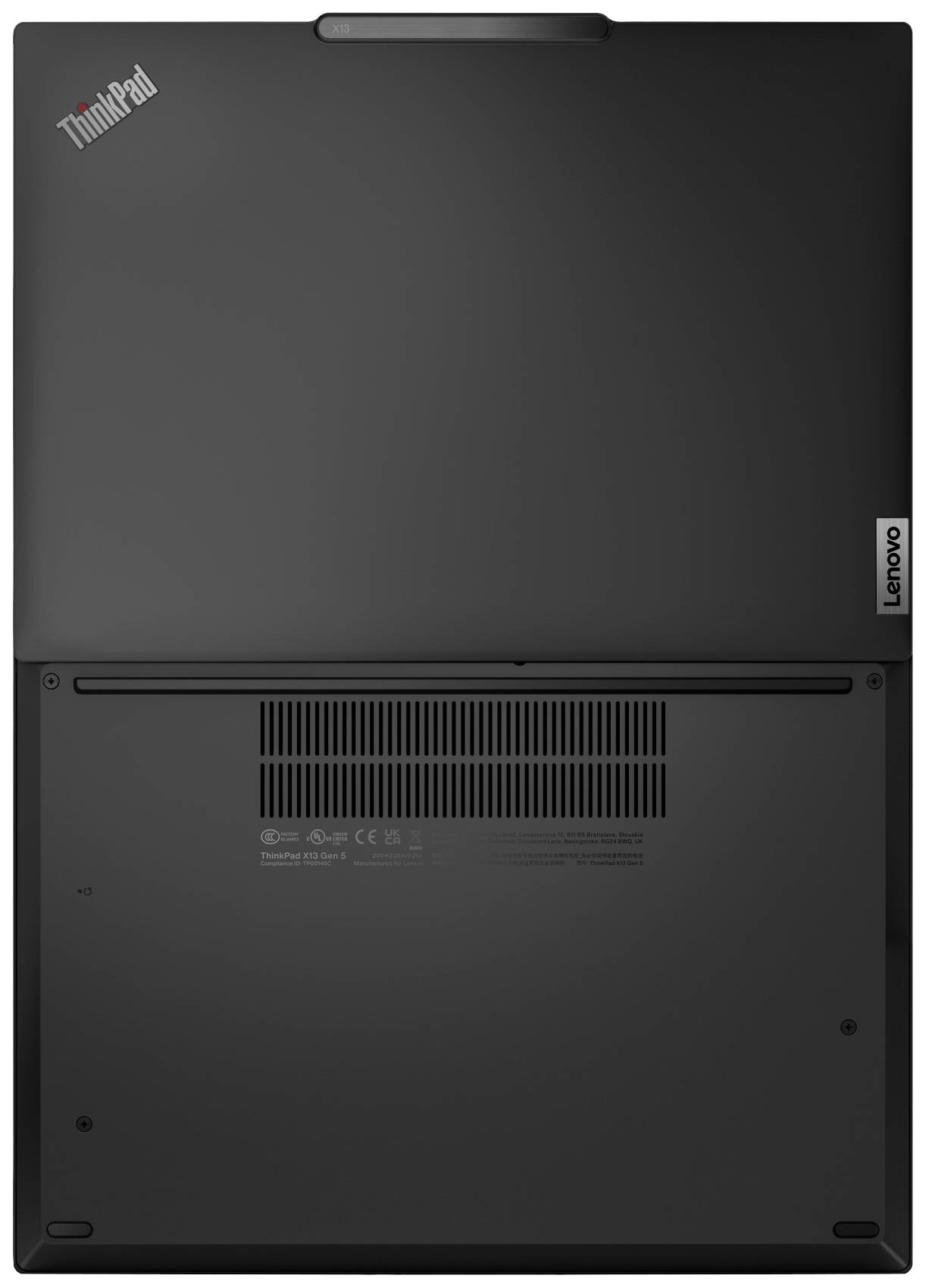 Rückansicht eines geschlossenen schwarzen Laptops mit 'ThinkPad'- und 'Lenovo'-Logos, zeigt die Unterseite und Lüftungsgitter.