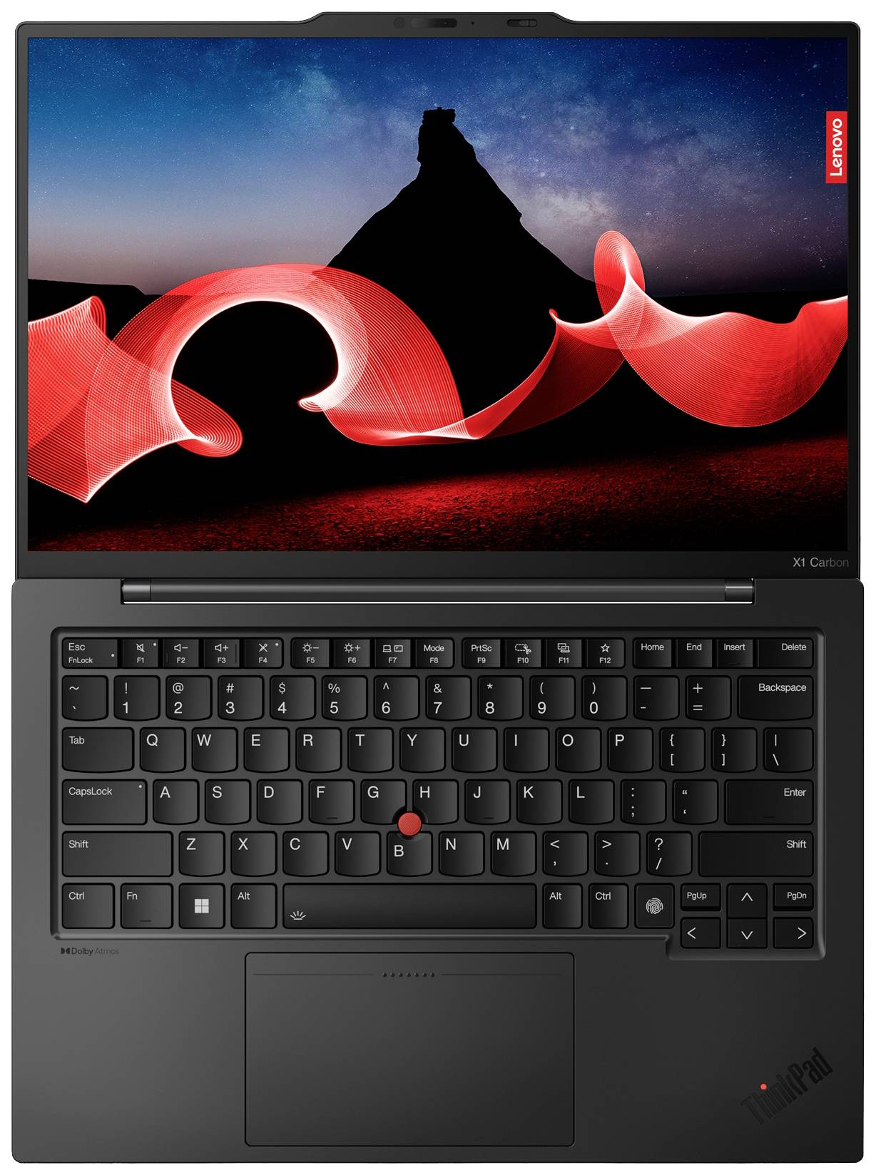 Ein Lenovo Laptop mit beleuchtetem Bildschirm zeigt eine abstrakte rote Lichtdekoration vor einem dunklen Hintergrund. Tastatur im Vordergrund.