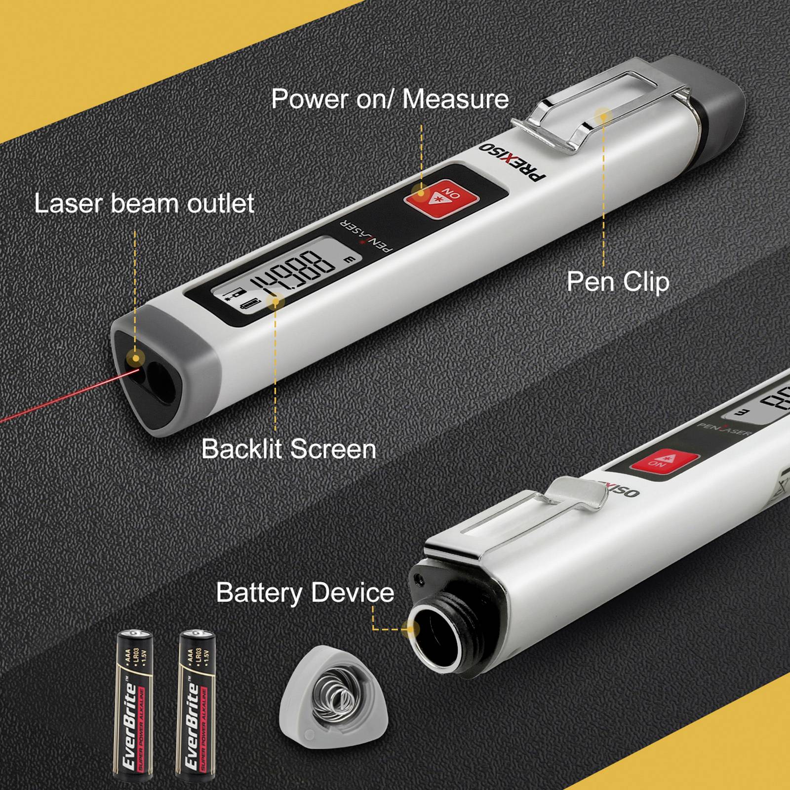Digitales Laser-Entfernungsmessgerät mit beleuchtetem Display, Laserstrahlauslass, Stifteklemme und Batteriefach, Batterien daneben.