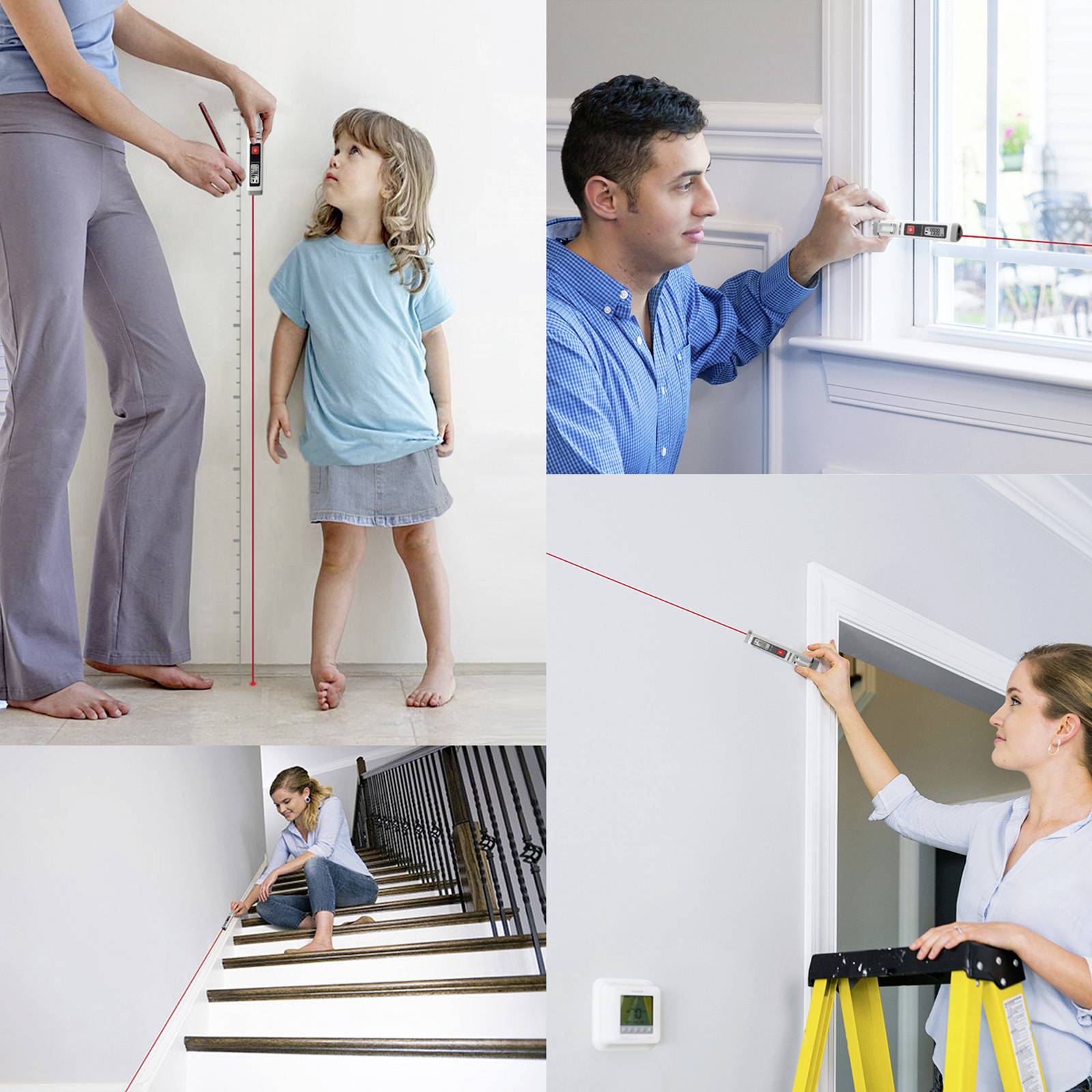 Eine Collage zeigt Personen, die verschiedene Messungen mit einem Laser-Entfernungsmesser in einem Haus durchführen: neben einem Kind, an einem Fenster, an einer Treppe und an einer Leiter.