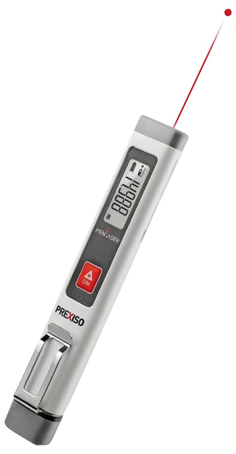 Digitaler Laser-Entfernungsmesser in Stiftform mit Display, roten Laserstrahl und Tasten für Ein/Aus und Funktion.