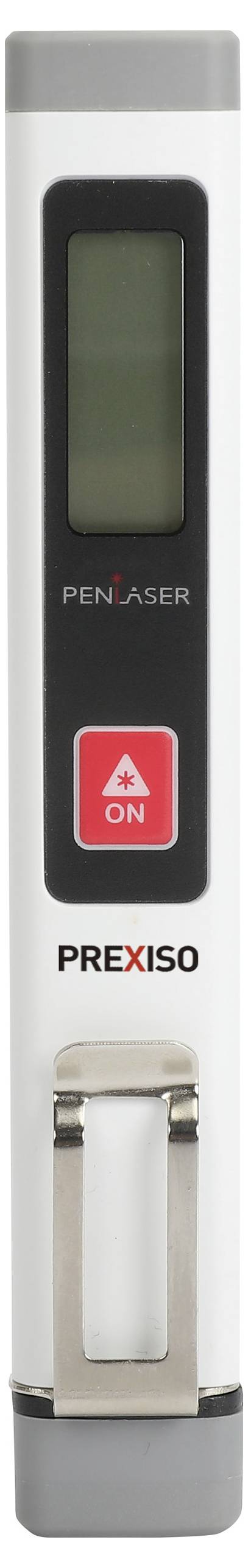 'Messegerät mit Display und rotem Knopf mit “ON” beschriftet, unter dem das Logo "PREXISO" steht. Enthält seitlichen Clip.'