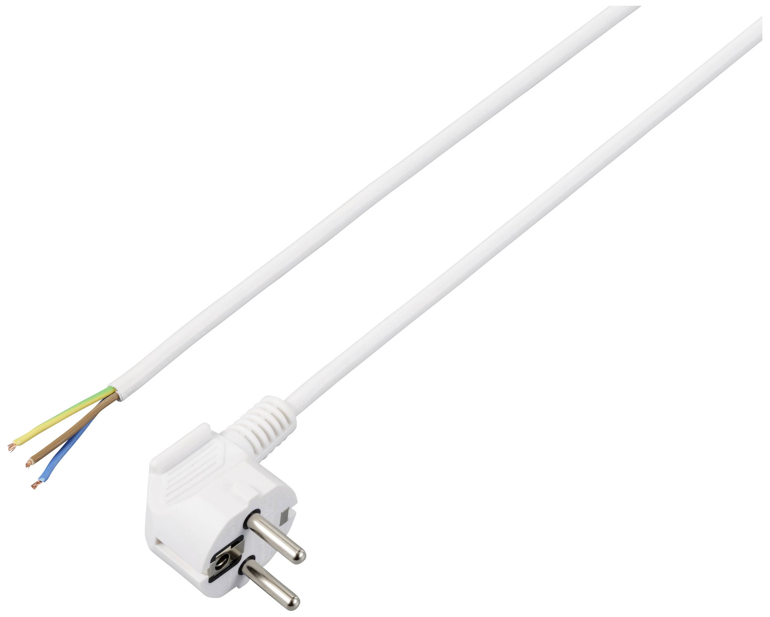 Weißes Stromkabel mit Stecker und abisolierten Enden, geeignet für elektrische Installationen.