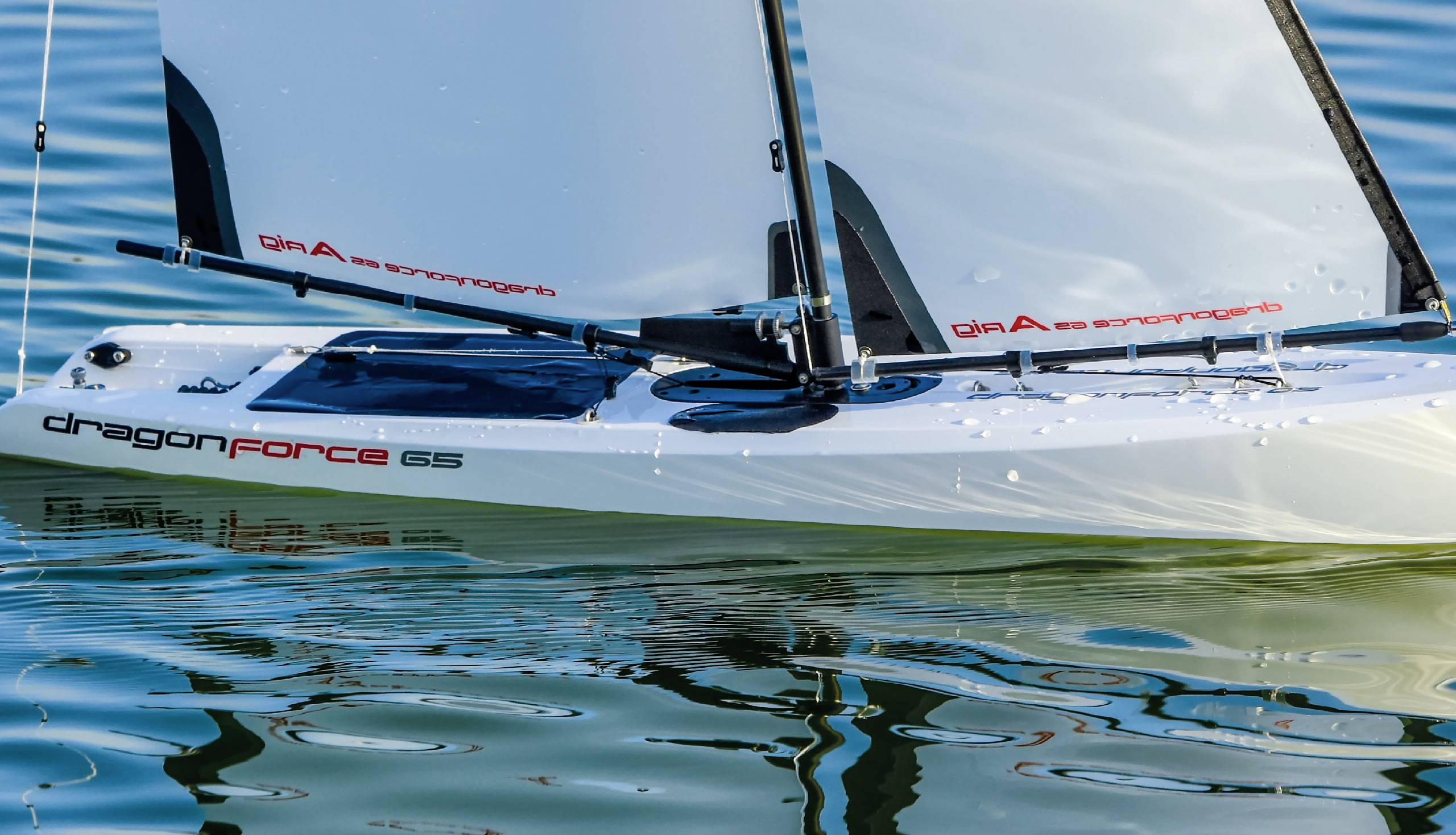 Ein Modellsegelboot auf ruhigem Wasser, benannt als 'dragonforce 65', mit weißen Segeln und roten Schriftzügen.