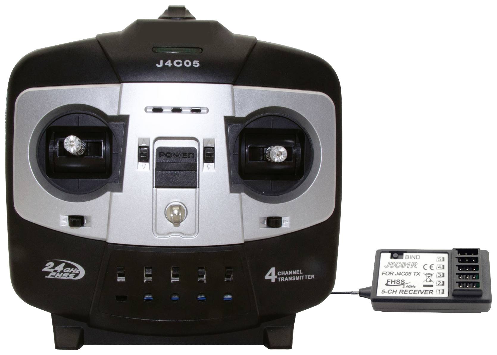 Fernsteuerung mit zwei Joysticks, zentralem Schalter und LED-Anzeigen. Rechts ist ein 5-Kanal-Empfänger mit Kabelverbindung sichtbar.