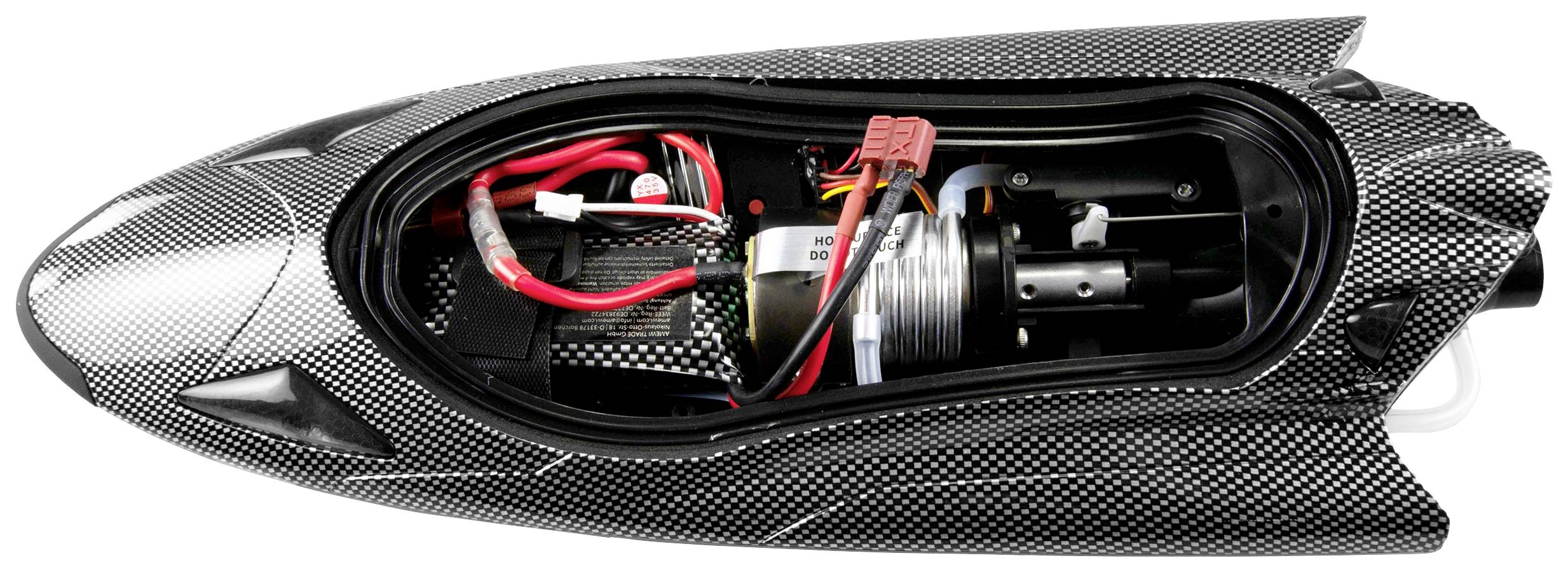 Das Bild zeigt ein elektrisches Jet-Antriebssystem mit schwarzen Kohlefaserkomponenten. Kabel und Motor sind deutlich sichtbar.