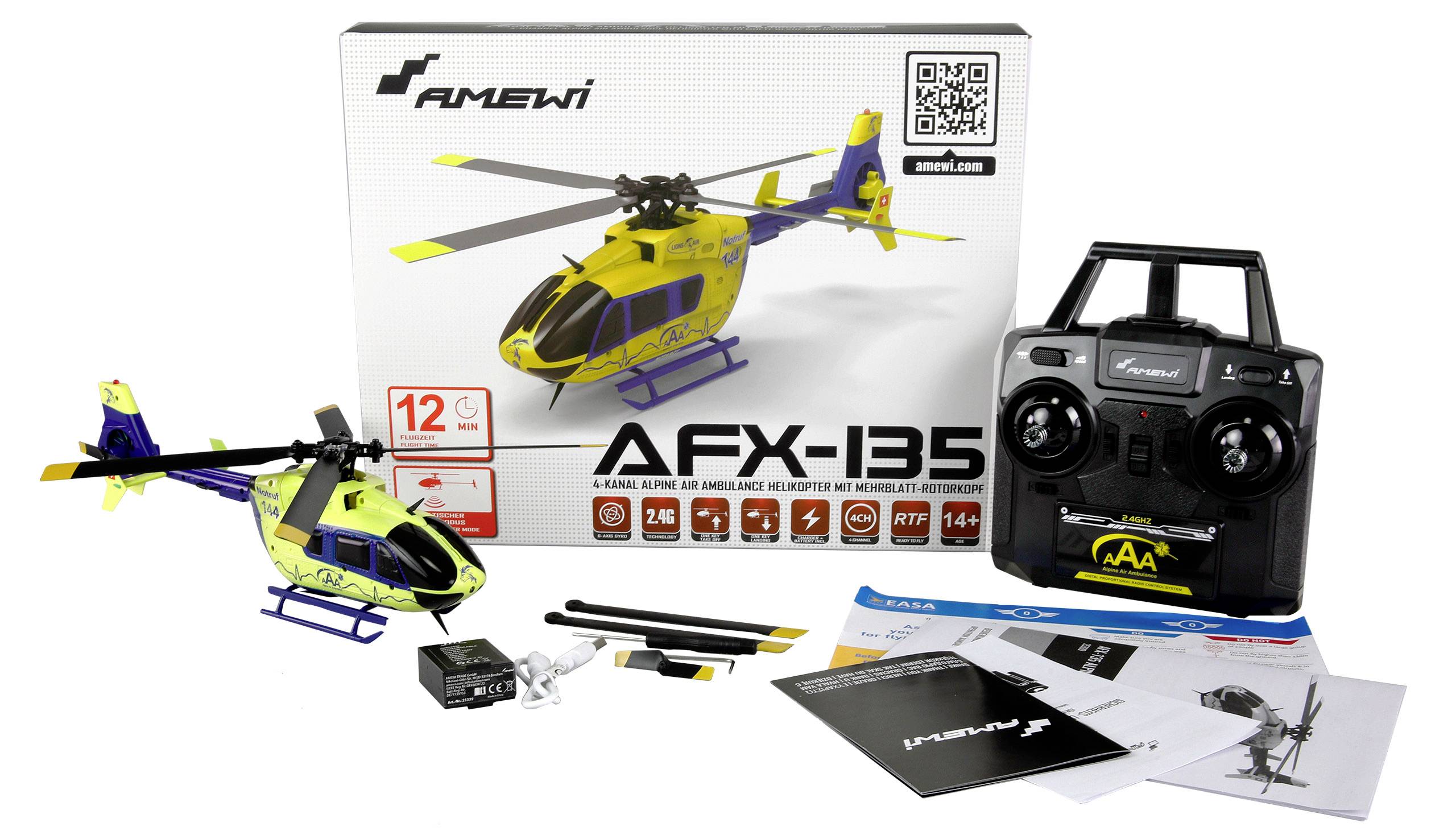 Hubschraubermodell AFX-B5 mit Verpackung, Fernsteuerung und Zubehör. Für Benutzer ab 14 Jahren geeignet. Enthält Anleitung.