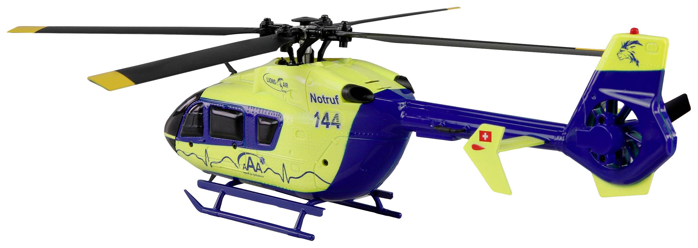 Ein Modellhubschrauber in gelb und blau, markiert mit '144' und 'Natur'. Es hat ein Kreuzsymbol am Heck.