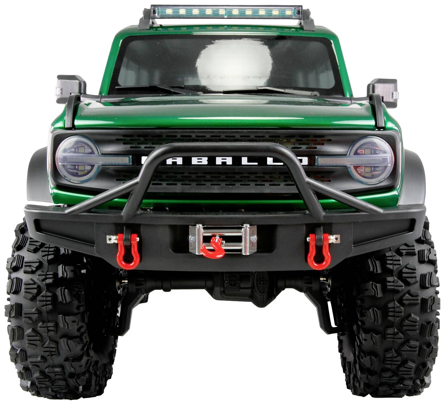 Ein grünes Spielzeugauto im Jeep-Stil mit großen Rädern und LED-Lichtleiste auf dem Dach, Ansicht von vorne.