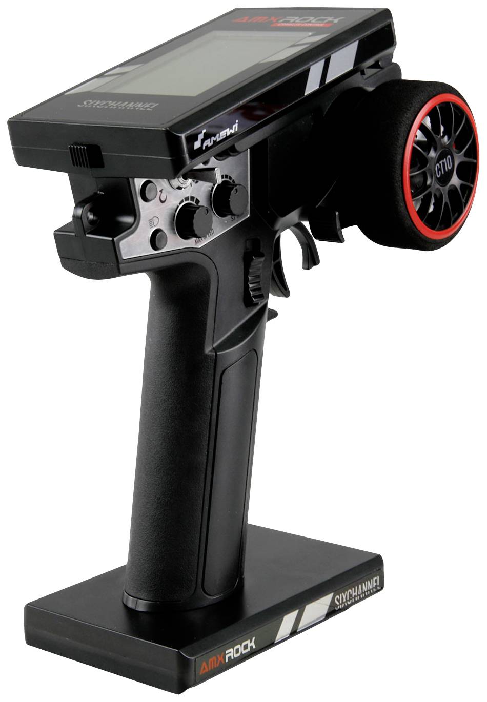 Fernsteuerung für ein RC-Auto mit Display und Steuerelementen, darunter ein großer Drehknopf und mehrere Tasten zur Steuerung.