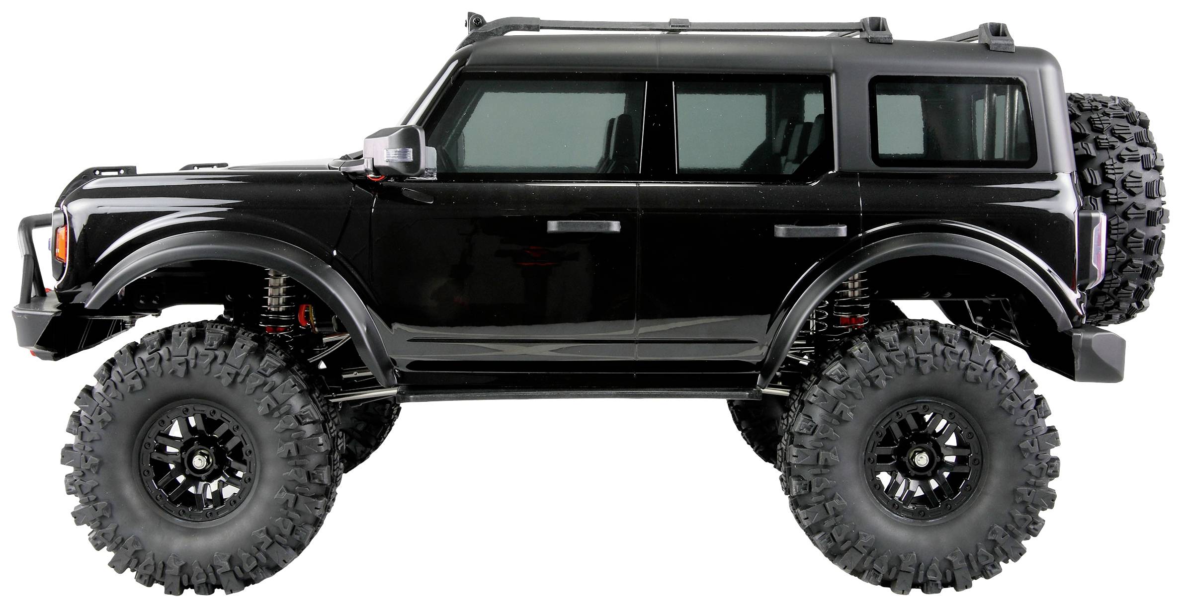 SUV-Modellauto in Schwarz, seitliche Ansicht. Große Offroad-Reifen betonen das robuste Design.