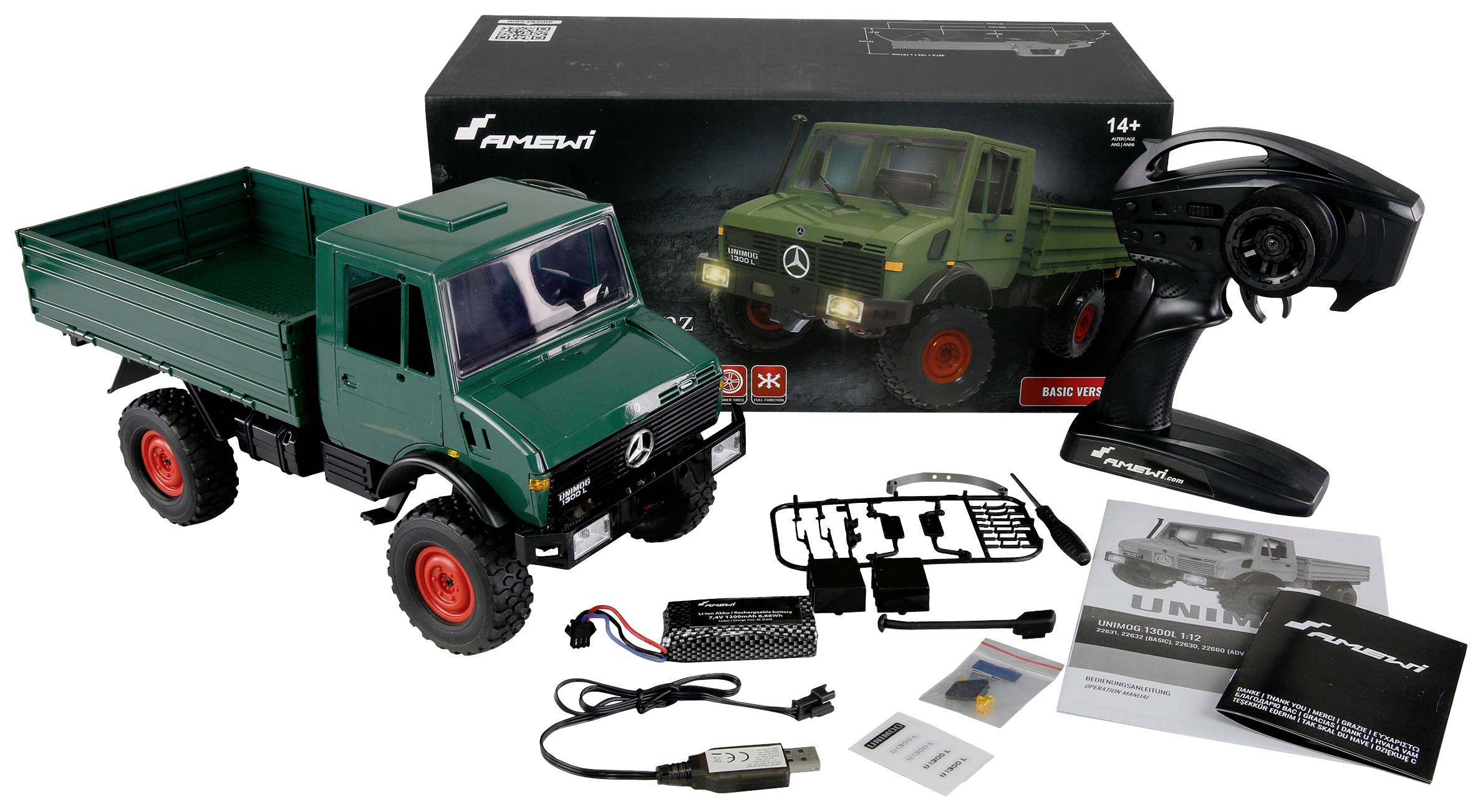 RC-Truck-Modell-Set mit grünem LKW, Fernsteuerung und Zubehör. Verpackung und Anleitung im Hintergrund. Geeignet ab 14 Jahren.