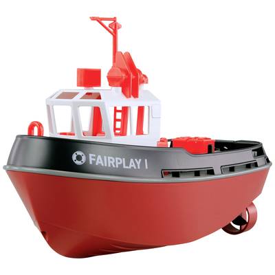 Ein rotes Spielzeugschiff mit weißem Aufbau und der Aufschrift 'Fairplay I'.