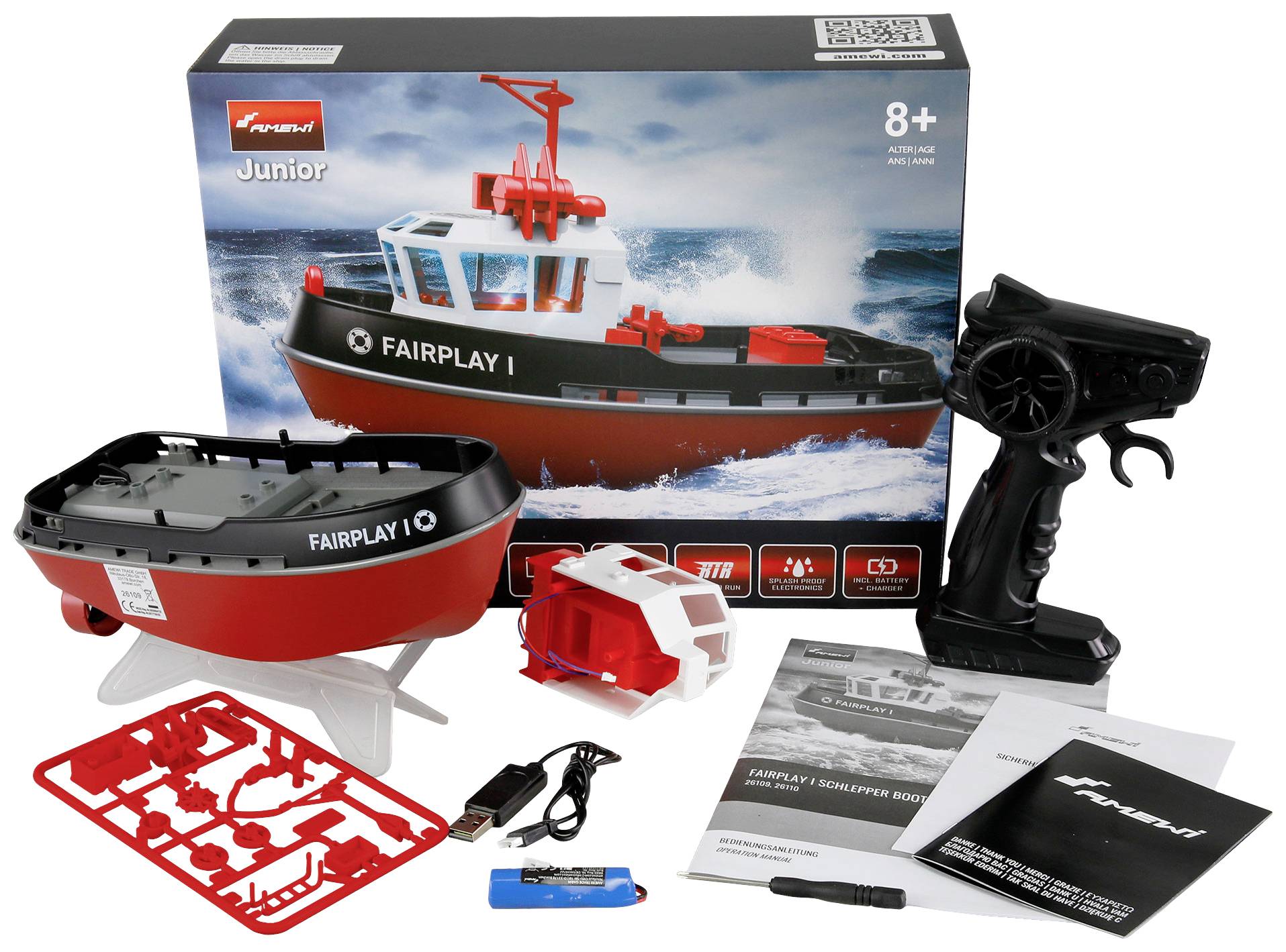 Modellbau-Set für ein ferngesteuertes Schiffsmodell 'Fairplay I', geeignet für Kinder ab 8 Jahren. Enthält Bootsteile, Fernsteuerung und Zubehör. Verpackung zeigt das fertige Modell im Wasser.